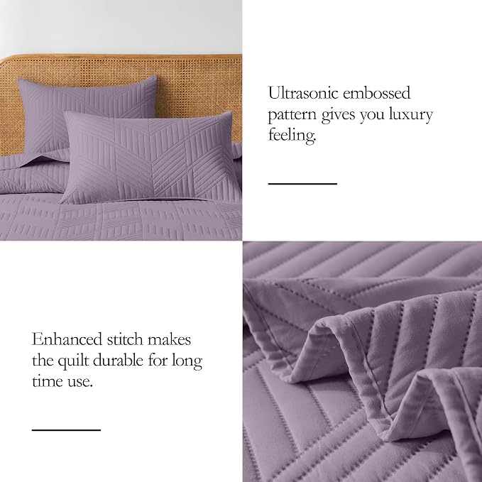 Davulos Full/Queen Quilt Set in Grayish Purple,Soft Reversible Microfiber Bedspread for All-Season Use,Lightweight Coverlet with Modern Geometric Pattern (1 Quilt, 2 Pillow Shams)