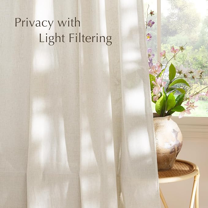 NICETOWN Flax Sheer Linen Curtains for Living Room 95 inch Long 2 Panels, Rod Pocket & Back Tab Semi Sheer Drapes Privacy Added with Light Filtering for Bedroom/Living Room, Natural, W55 x L95