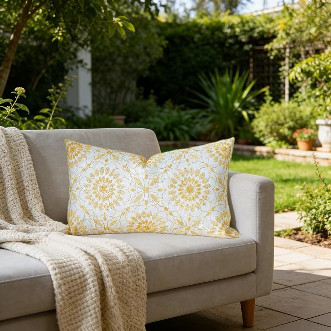 Slow Cow Linen Embroidery Lumbar Throw Pillow Cover Cushion Cover Floral Pattern Rectangular Pillowcase for Couch Bedroom 12 x 20 Inches Yellow Gold