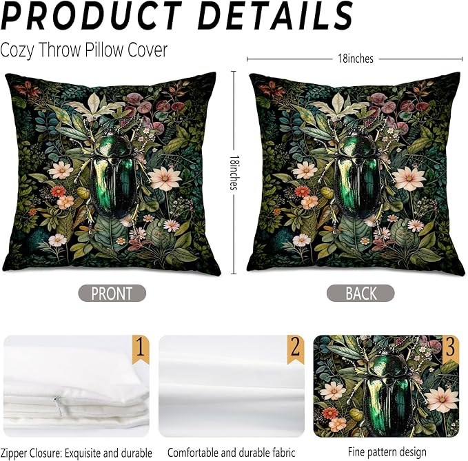 Vintage Green Botanical Beetle Pillow Covers 18x18, Dark Cottagecore Decor, Dark Academia Gothic Moody Insect Decorative Throw Pillow Covers for Home Bedroom Living Room