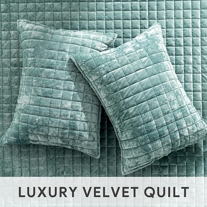 RECYCO Channel Box Stitch Velvet Quilt Set, King Size, Aqua Green | Ultra Soft Lightweight Velvet Comforter, Luxury Oversized Bedspread Coverlet, Quilted Bedding Set for All Season with 2 Shams