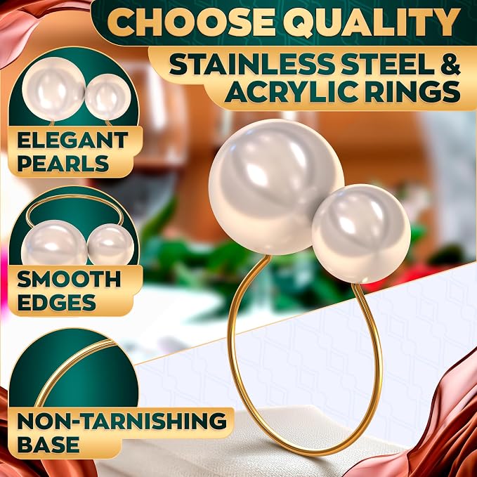 Pearl Napkin Rings Set of 12, Gold Metal Holders for Dining Tables | Faux Pearl Holders Dress Up Dining, Wedding, and Party Tables - Each Ring Slides On to Fit Rolled or Folded Napkins Neatly