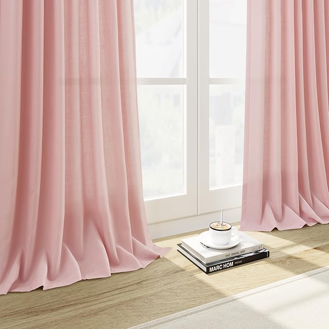 Extra Long Pink Linen Curtains 120 Inch for Kids Bedroom 2 Panels Set Rod Pocket Back Tab Light Filtering Semi Sheer Soft Linen Window Drapes Privacy High Ceiling Drapes for Farmhouse 52x120