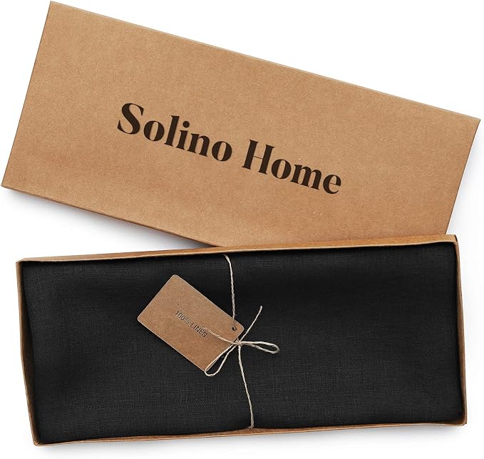 Solino Home 100% Pure Linen Dining Table Runner Black, Fete 14 x 108 in | brings a tailored look to family meals and hosting, European flax fibres, handloomed texture, soft, fine, OEKO-TEX Certified