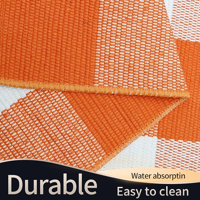 SEEKSEE Buffalo Plaid Outdoor Rug 3' x 5' Orange and White Front Door Mat, Layering Rug for Porch, Halloween Doormat, Front Porch Rug for Outdoor Entrance Entryway Patio Porch Decor