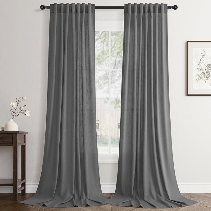 Jowels Dark Grey Linen Curtains 96 Inch Long 2 Panels for Living Room | Light Filtering Semi Sheer Curtain, Back Tab Pocket Pleated Look, Boho Farmhouse Textured Privacy Drapes for Bedroom Window