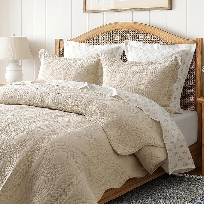 EverGrace 100% Cotton Scallop Quilt Set, Queen Size, Flax Beige | Scalloped Border, Timeless Chic Aesthetic, All-Season Comfort, Perfect French Country Bedroom Decor, 3 Piece Set with 2 Shams