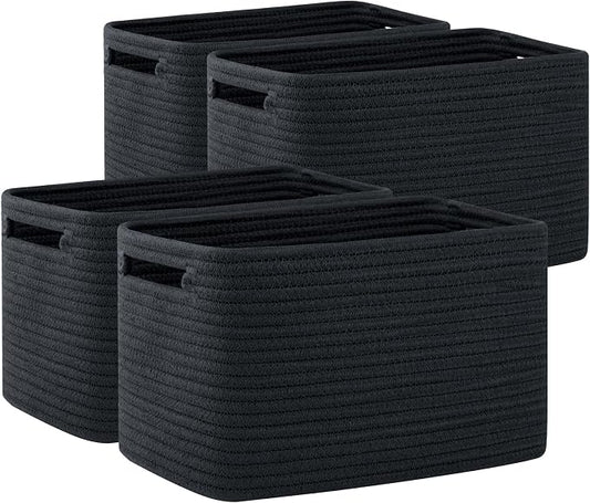 OIAHOMY 4 Pack Storage Baskets for Organizing 24L Cube Storage Bins Black | Woven Baskets for Storage Rectangle Small Baskets With Handles Baskets for Shelves Wicker Baskets for Shelves 16x12x8inch