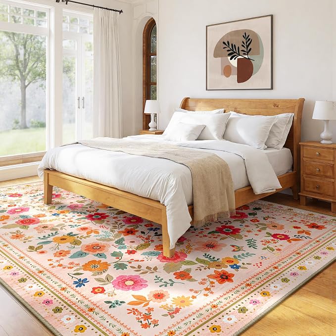 Washable Floral Area Rug for Living Room 8x10 Pink Beige | Non-Slip，Vacuum-Friendly, Low Pile, Flower Carpet for Bedroom Kitchen Entryway Dining Room Office Nursery