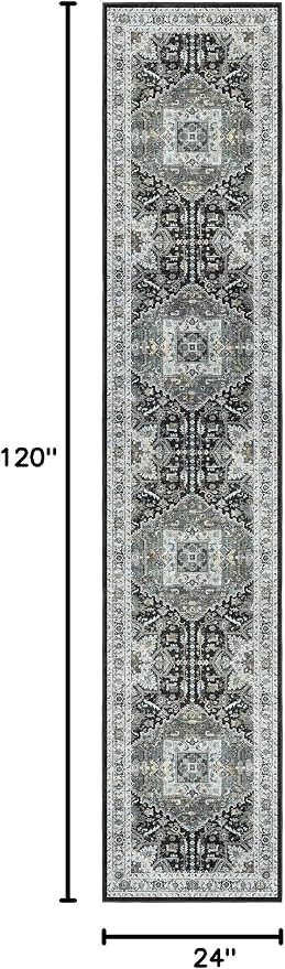 Madane Washable Runner Rugs 2x10 for Hallway Kitchen Grey Green/Black Olive | Non-Slip Low-Pile 10ft Rug Runners Soft, Stain-Resistant Floor Carpet Mat for Entrance, Living Dining Laundry Room, Stair