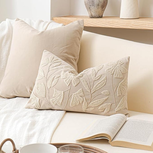 BlissBlush Decorative Lumbar Pillow Cover 12x20, Beige Neutral Accent Velvet Throw Pillowcase for Couch Sofa Living Room, Floral Tufted Rectangular Cushion, Cover Only