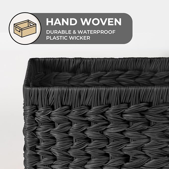 GRANNY SAYS Black Wicker Basket,Decorative Woven Baskets for Storage,2-Pack | Waterproof Plastic Black Baskets for Shelves,Storage Basket Organizer,Wicker Storage Basket for Organizing,Black Woven Basket