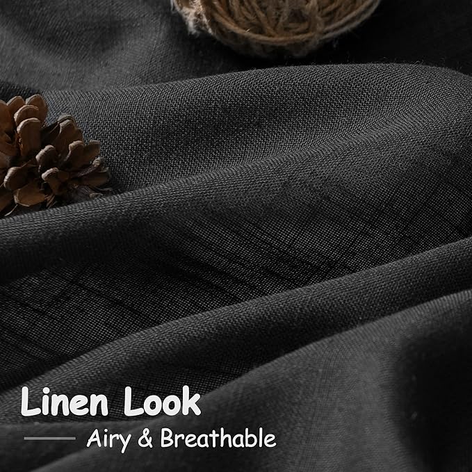 Extra Wide 100 Inch Linen Curtains for Living Room Divider Light Filtering Semi Sheer Back Tab Patio Curtains for Sliding Door Black Coastal Decor Sunroom Floor to Ceiling Window Curtain 100x84