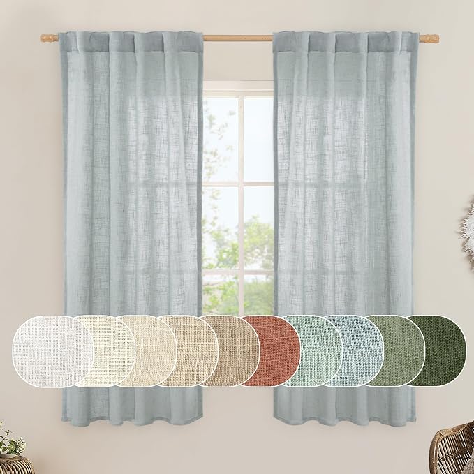 Sheer Linen Curtains 63 inches Long for Bedroom Window 2 Panels | Light Filtering, Semi Sheer Drapes, Curtains for Living Room, Farmhouse, Rod Pocket Back Tab, 38 x 63 Inch, Greyish Blue