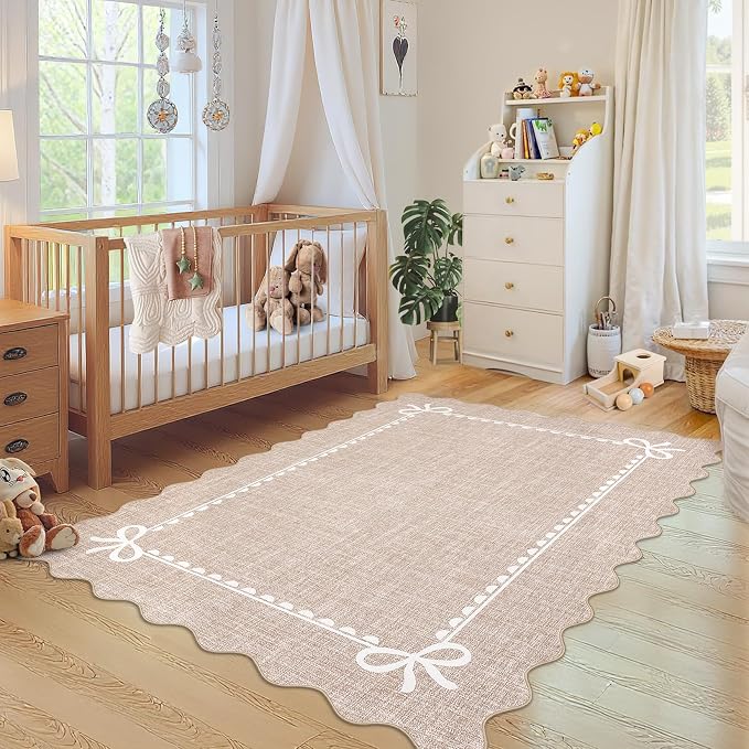 COZYLOOM 9x12 Dining Room Rugs for Under Table, Machine Washable Area Rugs for Bedroom, Non Slip Non Shedding Scalloped Border Rug Stain Resistant Low Pile Bow Carpet for Living Room, Nursery, Camel