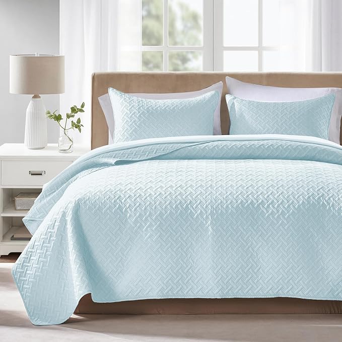 FLYMME Quilts Queen Size, Lightweight Sky Blue Bedspreads, Basket Weave Pattern,Ultra Soft Microfiber Bed Coverlet 3 Pieces for All-Season (1 Quilt, 2 Shams)