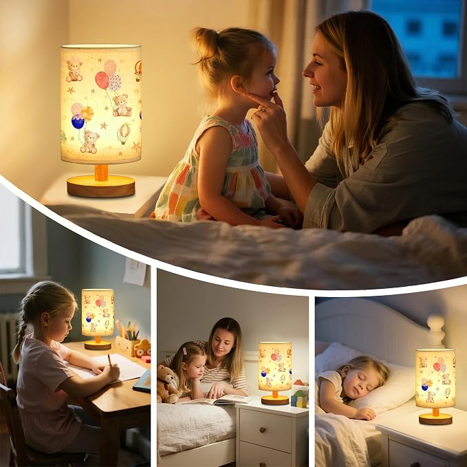 WSYEAR Bear Kids Table Lamp for Bedroom Kids Bedside Lamp with Linen Wooden Nightstand Cartoon Nursery Lampshade for Girls Boys Living Room