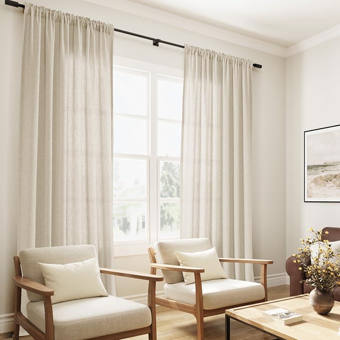 Birch Beige Linen Curtains 102 Inches Long Rod Pocket Semi Sheer Dining Room Cozy Bedroom Decor Cotton Look Country Rustic Farmhouse Boho Curtains 2 Panel Set,52x102