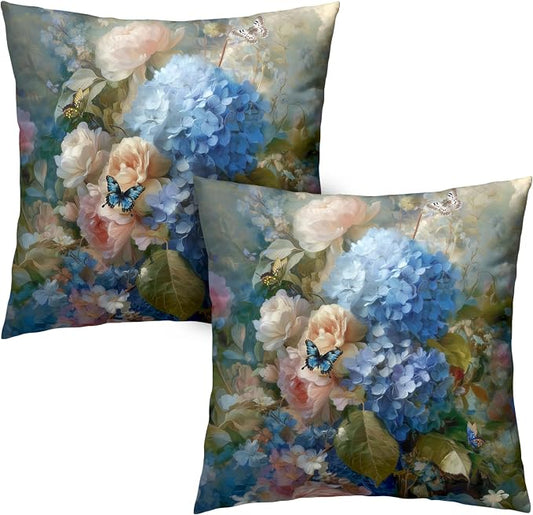 Vintage Rose Hydrangea Pillow Covers Oil Painting Floral Throw Pillow Covers Spring Summer Pillow Case 20x20 Blue Pink Flowers Cushion Case for Living Room Couch Sofa Set of 2