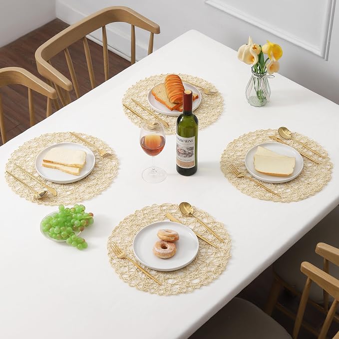 IcosaMro Beige Round Placemats Set of 12 for Dining Table, 13 Inches Paper Woven Boho Small Decorative Circle Place Mat for Wedding Christmas Thanksgiving Day Holiday Dinner, Beige