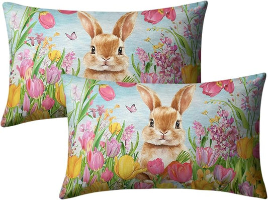 Easter Bunny Lumbar Pillow Covers 12x20 Set of 2 Lovely Rabbit with Tulip Throw Pillow Covers Spring Pillow Case Floral Cotton Blend Cushion Case for Easter Decor Sofa Patio Garden