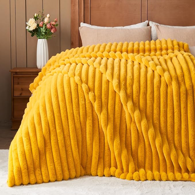 NEWCOSPLAY Faux Fur Ribbed Twin Blanket for Couch, Mustard Yellow, 60"x80" | Plush Soft Thick Warm Blanket for Couch Sofa Bed 850GSM, Fluffy Cozy Luxury Decorative Throw, Gift for Women Men