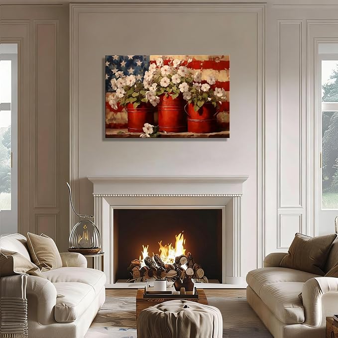 Rustic 4th of July Patriotic Flower Pots Canvas Wall Art – Large Framed US Flag Poster Painting, Independence Day Wall Decor for Living Room Bedroom or Holiday Celebrations