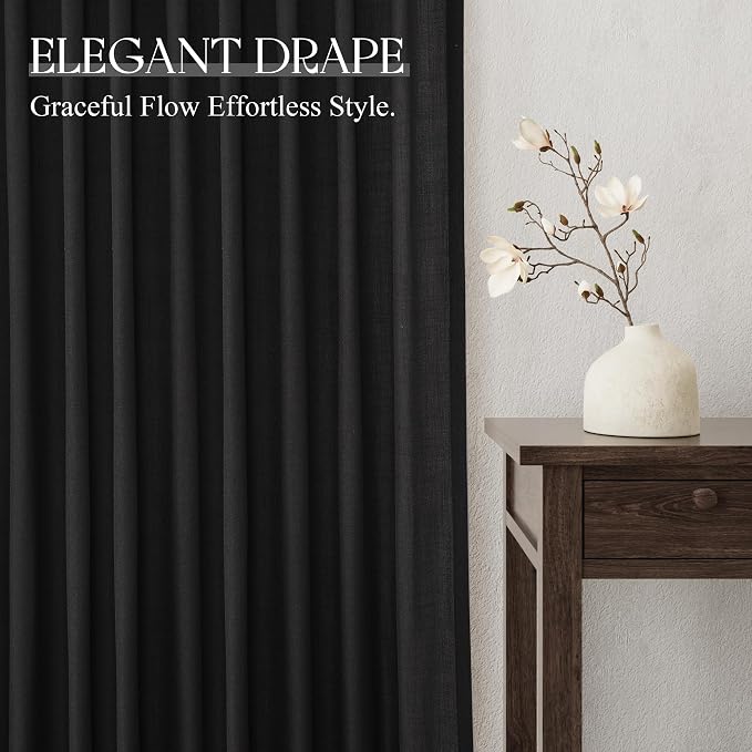 Jowels Black Linen Curtains 90 Inch Long 2 Panels for Living Room | Light Filtering Semi Sheer Curtain, Back Tab Pocket Pleated Look, Boho Farmhouse Textured Privacy Drapes for Bedroom Window
