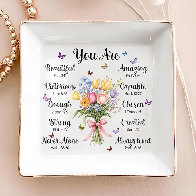Christian Bible Verse Jewelry Dish, 4" Ceramic Jewelry Tray, Christian GiftS for Women, Birthday, Catholic Gifts for Mom/Grandma, Confirmation Gifts for Daughter