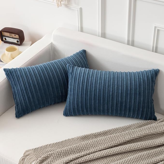 Kevin Textile Striped Corduroy 12”x20” Pillow Covers 2 Pack, Dusty Blue