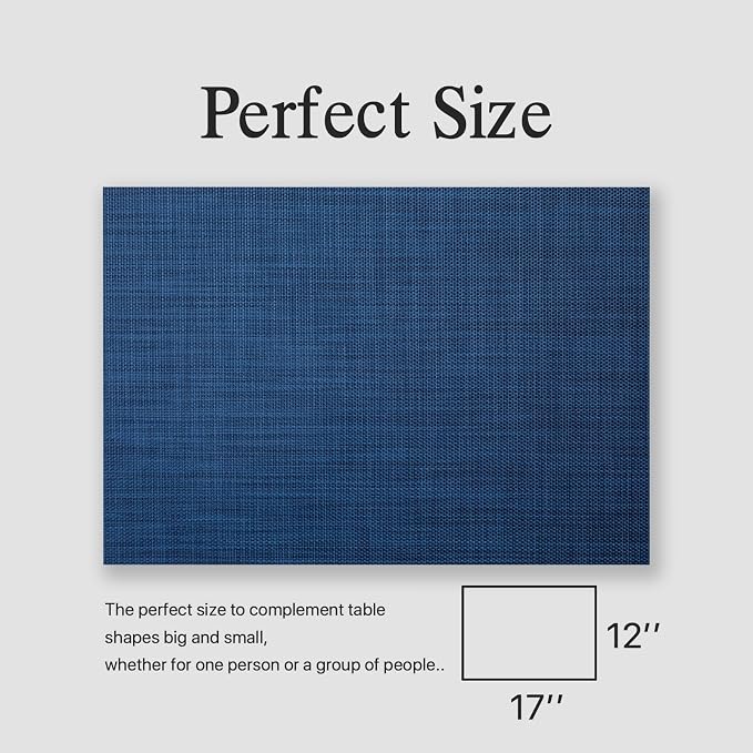 Placemats Set of 8 - Easy Clean Woven Vinyl Placemats for Dining Table, Indoor/Outdoor Place Mats, Washable PVC Table Mats（Navy Blue）