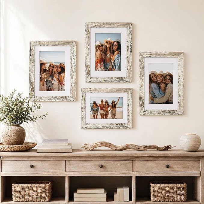 8x10 Picture Frame-Vintage White,5x7 Mat,Tempered Glass,Engineered Wood