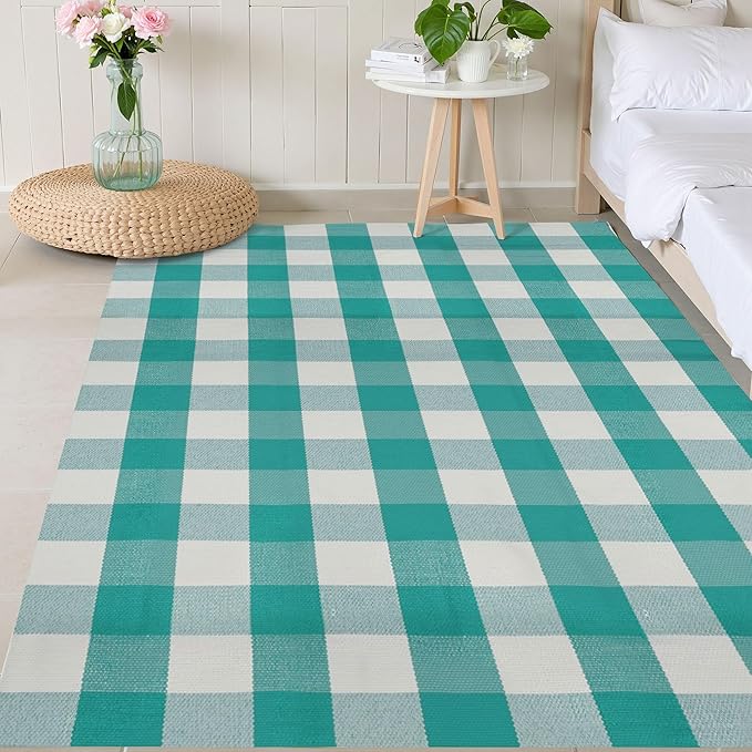 SEEKSEE Buffalo Plaid Rug 4' x 6' Light Blue and White Large Front Door Mat, Layering Area Rug, Spring Summer Rug for Outdoor Patio Entryway Indoor Living Room Kitchen Dining Room Decor