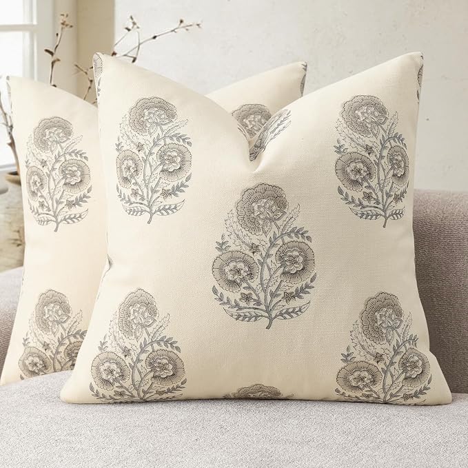 Vintage Floral Print Euro Sham Pillow Covers 24x24 Set of 2 Patterned Accent Decorative Cushion Covers Modern Farmhouse Throw Pillow Covers for Bed Sofa Couch Chair Living Room Home Decor, Light Taupe
