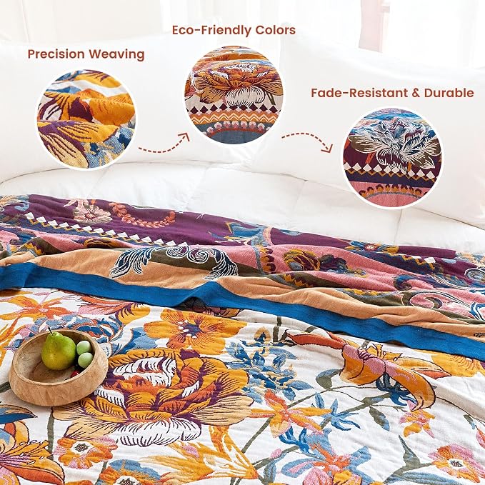 MSGKV Boho Throw Blanket 50"x60" Summer Cotton Victoria Floral Blanket | 100% Cotton Muslin, Victoria Floral Throw, Reversible Weave, Soft & Breathable, Cozy Home Accent, Machine Washable