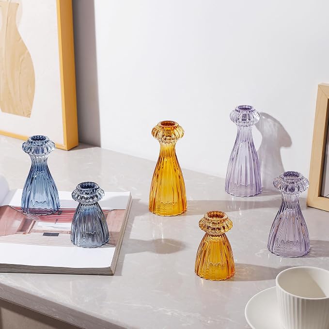 Lysenn Glass Candlestick Holders, Taper Candle Holders Set of 6, Dark Blue