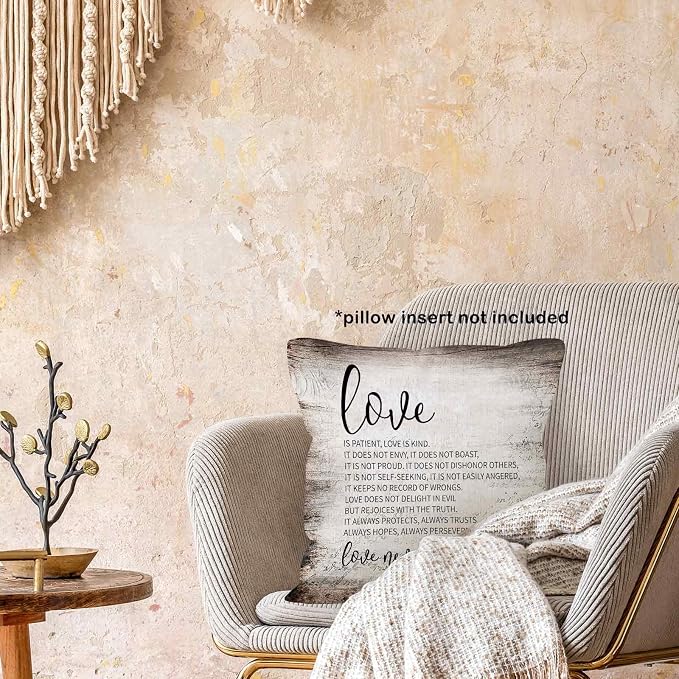 Vintage Christian Bible Verse Love is Patient Throw Pillow Covers 18x18, Rustic Scripture Corinthians Decor Pillow Cases for Farmhouse Bedroom Living Room, Religious Pillowcases for Couch Bed