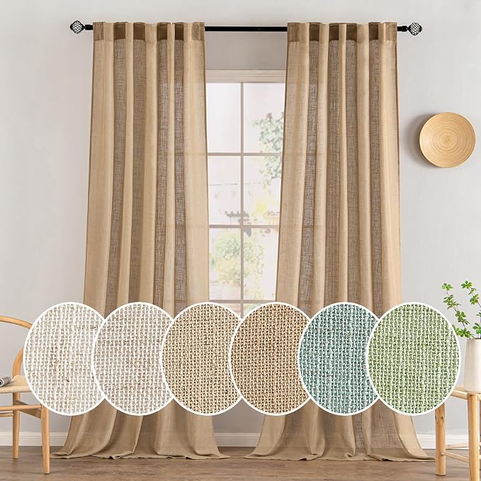 MIULEE Brown Linen Curtains 52x108 Inch Long for Bedroom Living Room | Soft Thick Linen Textured Window Drapes, Semi Sheer Light Filtering, Back Tab Rod Pocket, Burlap Look Country Decor, 2 Panels