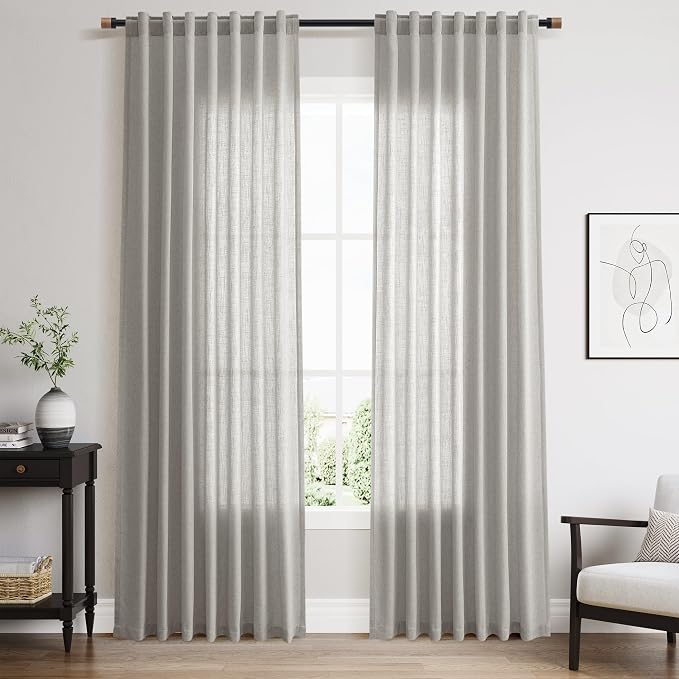 Light Gray Linen Curtains for Living Room 84 Inches Long 2 Panels Set Rod Pocket Back Tab Simple Modern Light Filtering Boho Coastal Room Decor Grey Sheer Curtain for Bedroom 52x84