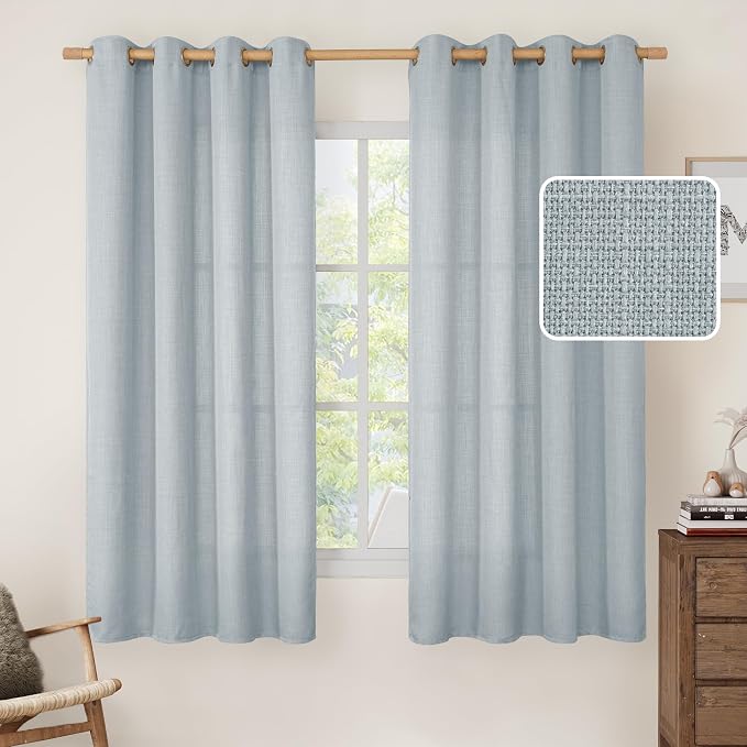 63 Inch Length Faux Linen Curtains for Bedroom 2 Panels, Haze Blue | Light Filtering, Thick Linen Textured, Privacy Protected, Sheer Window Curtains for Living Room, Grommet, 52 x 63 Inch