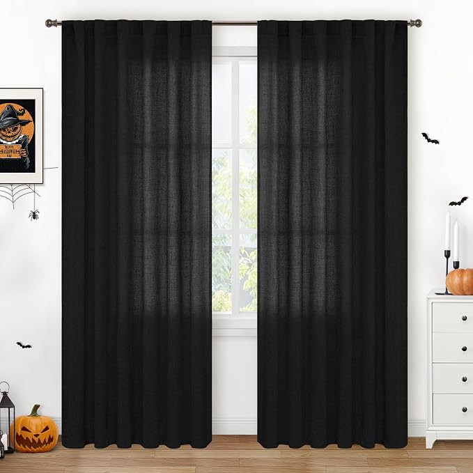 YoungsTex Black Linen Curtains 84 Inch Length Semi Sheer for Living Room | Rod Pocke Drapes Light Filtering Privacy for Dining Bedroom Back Tab, 2 Panels, 52 X 84 Inch