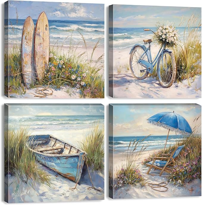 Coastal Beach Canvas Wall Art Seaside Landscape Wall Decor for Bathroom Beachy Chair Boat Flower Bike Sea Reed Picture Living Room Ocean Seascape Poster Bedroom Kitchen Home Decorations 16x16" 4P