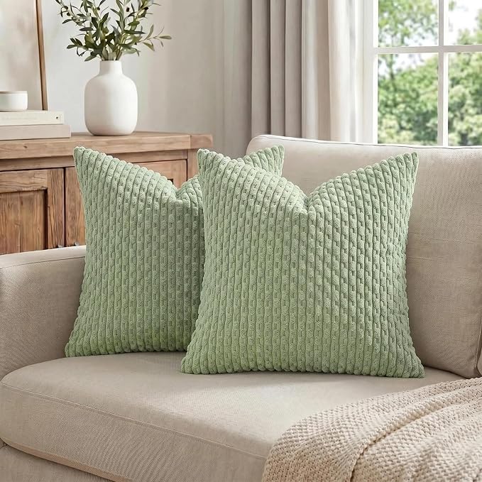 Fancy Homi 2 Packs Sage Green Decorative Throw Pillow Covers 24x24 Inch for Couch Bed Sofa, Modern Farmhouse Boho Home Decor, Soft Cute Plush Corduroy Cushion Case 60x60 CM