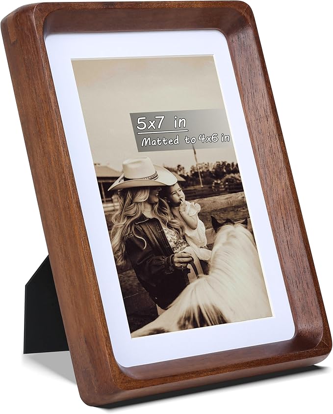 5x7 Picture Frame with Mat for 4x6, USA-Sourced Natural Walnut Wood Handcrafted Rounded Corner with Real Glass, Vertical or Horizontal Display Photo Gallery Wall & Tabletop Frame