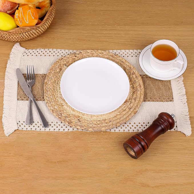 Placemats Set of 4 with 4 PCs Round Placemats and 4 PCs Table Mats | Natural,Handmade,Boho Woven Placemat,Burlap Table Placemats,Heat Resistant for Kitchen and Dining Table Farmhouse Décor