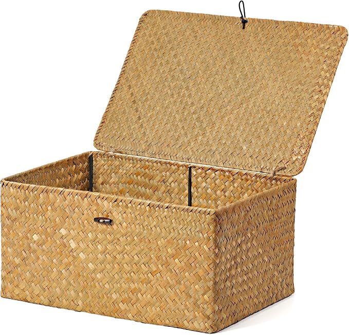 Nonam Large Wicker Basket with Lid,Seagrass Shelf Storage Basket,Natural | Basket Container for Organizing, Boho Decorative Basket, Rectangular Household Storage Boxes for Home Organization