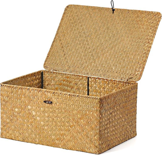 Nonam Large Wicker Basket with Lid,Seagrass Shelf Storage Basket,Natural | Basket Container for Organizing, Boho Decorative Basket, Rectangular Household Storage Boxes for Home Organization