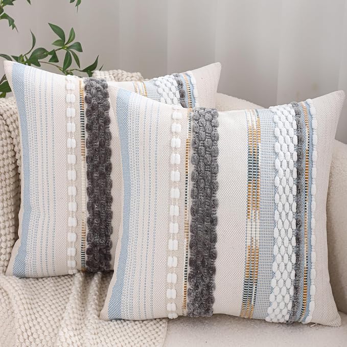 Boho Throw Pillow Covers 18x18 Set of 2 Grey Blue White