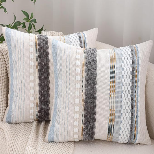 Boho Throw Pillow Covers 18x18 Set of 2 Grey Blue White