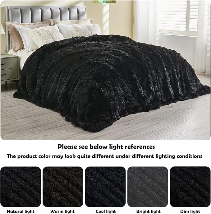 GONAAP Fuzzy Faux Fur Queen Blanket for Couch, Black, 90"x90" | Warm Cozy Plush Shaggy Decorative Reversible Thick Non-Heated Fleece Blanket for Sofa Bed, Gift for Women Men, All Season Use